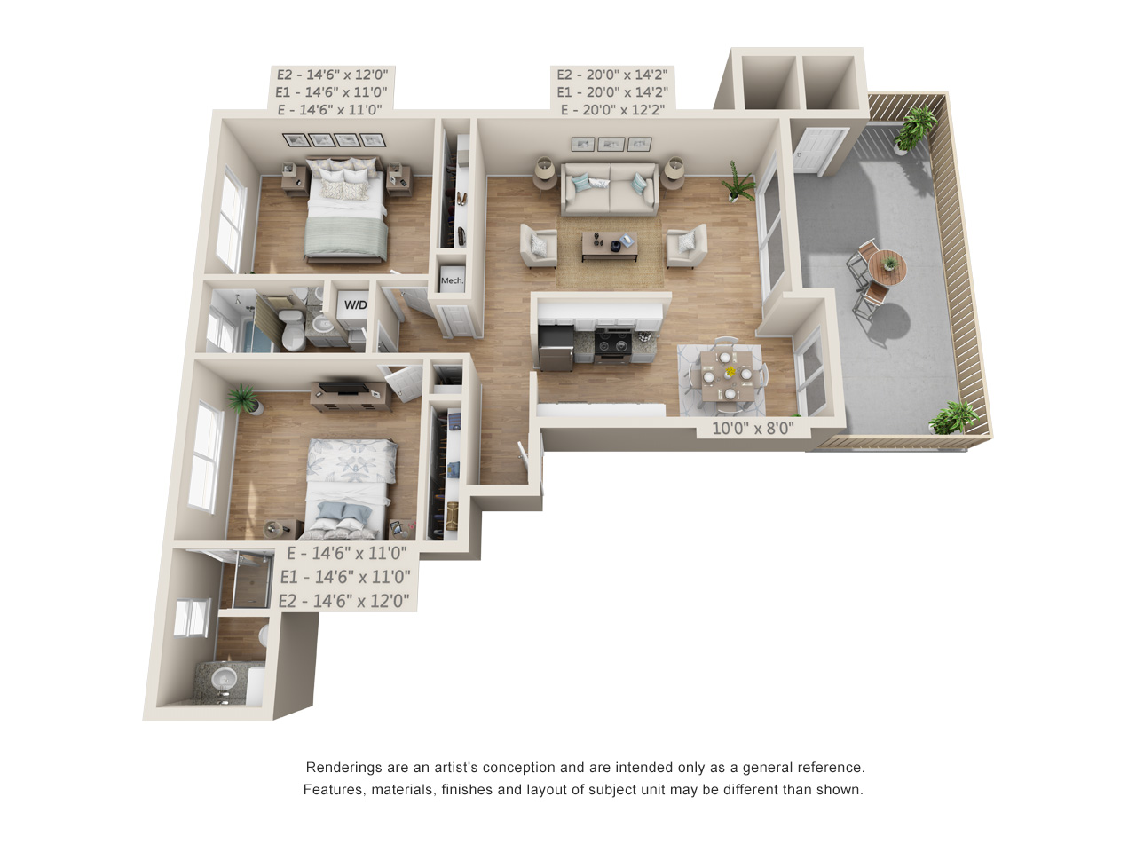 Floor plan for 2 beds, 2 baths, 1110 sqft